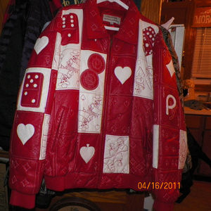 Poker Cards Embroidered Red White Leather Jacket